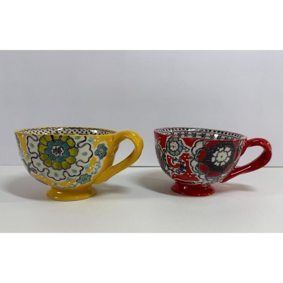 Set Of 2 Anthropologie Elka Ayala Hand-Painted Ceramic Mugs/Cups Twisted Handles - Picture 1 of 14